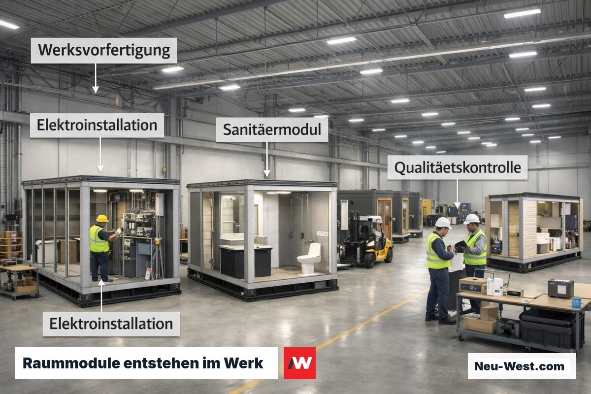 Fabrikhalle mit vorgefertigten Raummodulen auf Montagelinie, Arbeiter installieren Elektrik und Sanitäranlagen in Stahlrahmen-Modulen