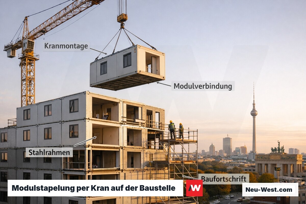 Baukran hebt vorgefertigtes Raummodul auf mehrstöckiges Gebäude in Berlin, Modulverbindungen und Stahlstruktur sichtbar