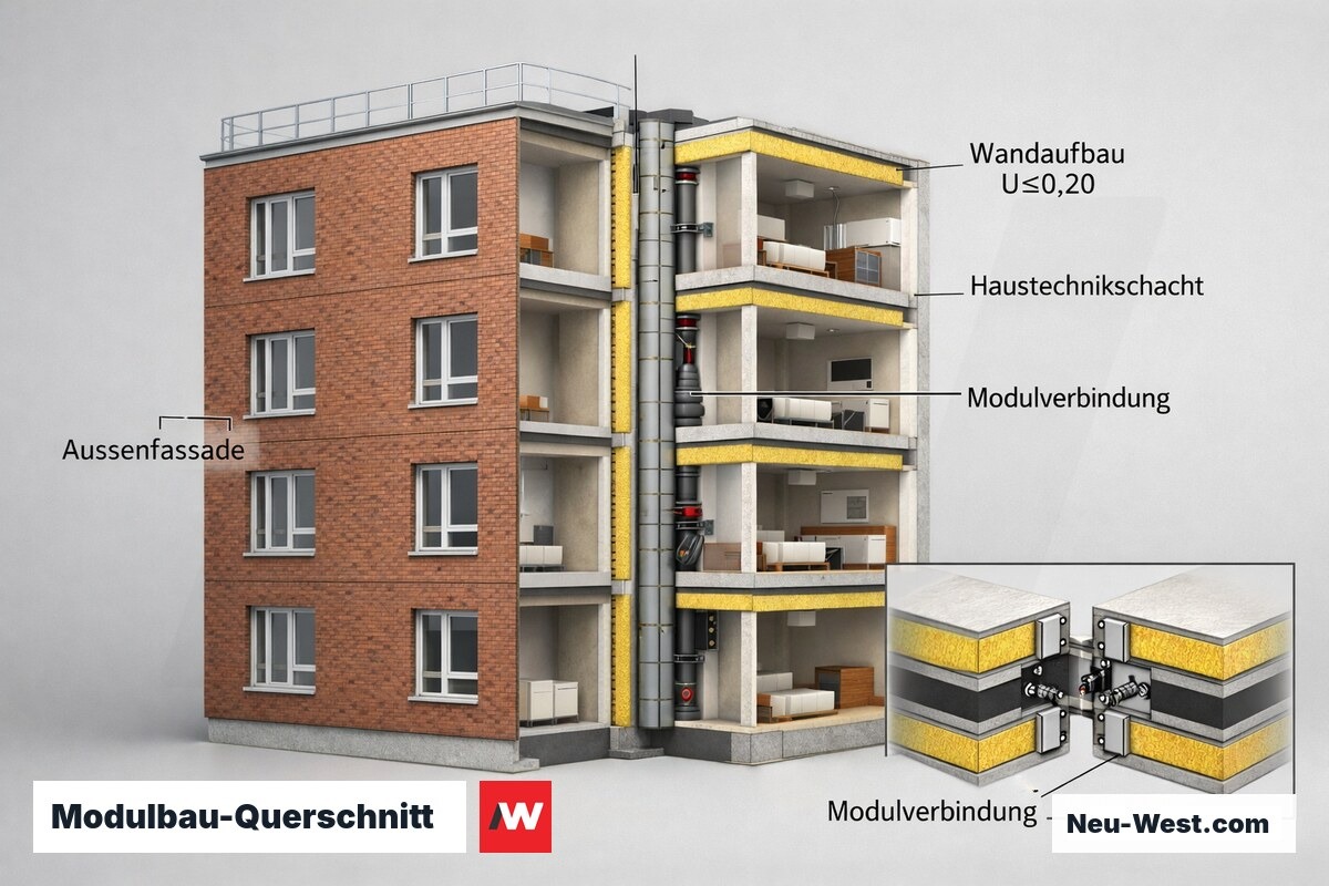 Architektonischer Querschnitt eines fünfgeschossigen Modulgebäudes mit Wandaufbau, Dämmschichten, Installationsschächten und Modulverbindungsdetail