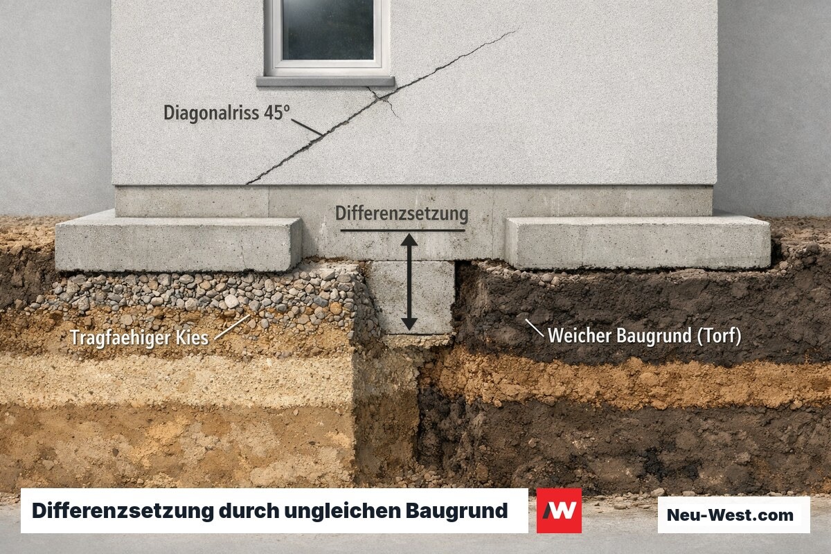 Querschnitt zeigt wie unterschiedliche Bodenschichten unter einem Fundament zu Differenzsetzung und diagonalen Setzrissen führen.