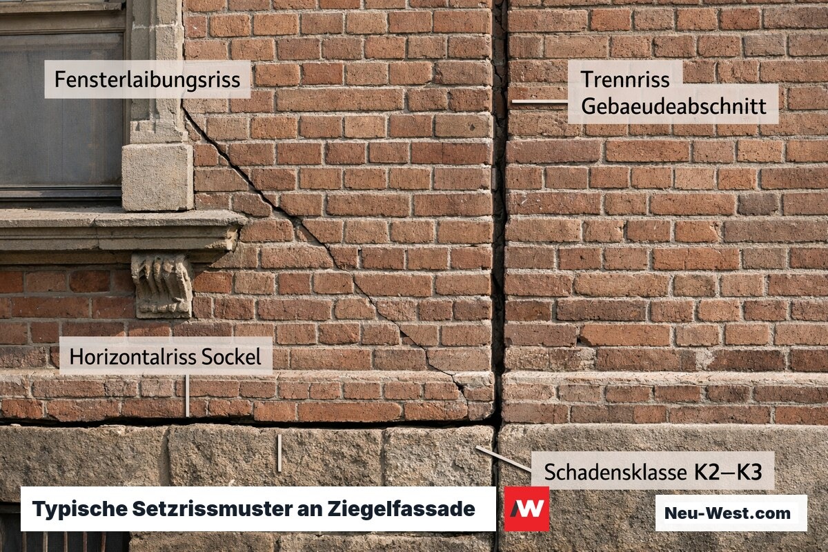 Berliner Gründerzeitfassade mit charakteristischen diagonalen Setzrissen an Fensterlaibungen und vertikalem Trennriss zwischen Gebäudeabschnitten.