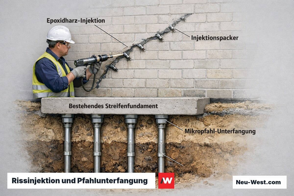 Fachmann injiziert Epoxidharz in Setzriss während unterirdisch Mikropfähle zur Fundamentunterfangung eingebracht werden.