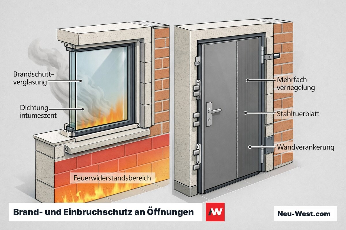 Bauteil-Schnitt: Brandschutzfenster mit feuerfester Verglasung und Sicherheitstür mit Mehrfachverriegelung und Wandverankerung.