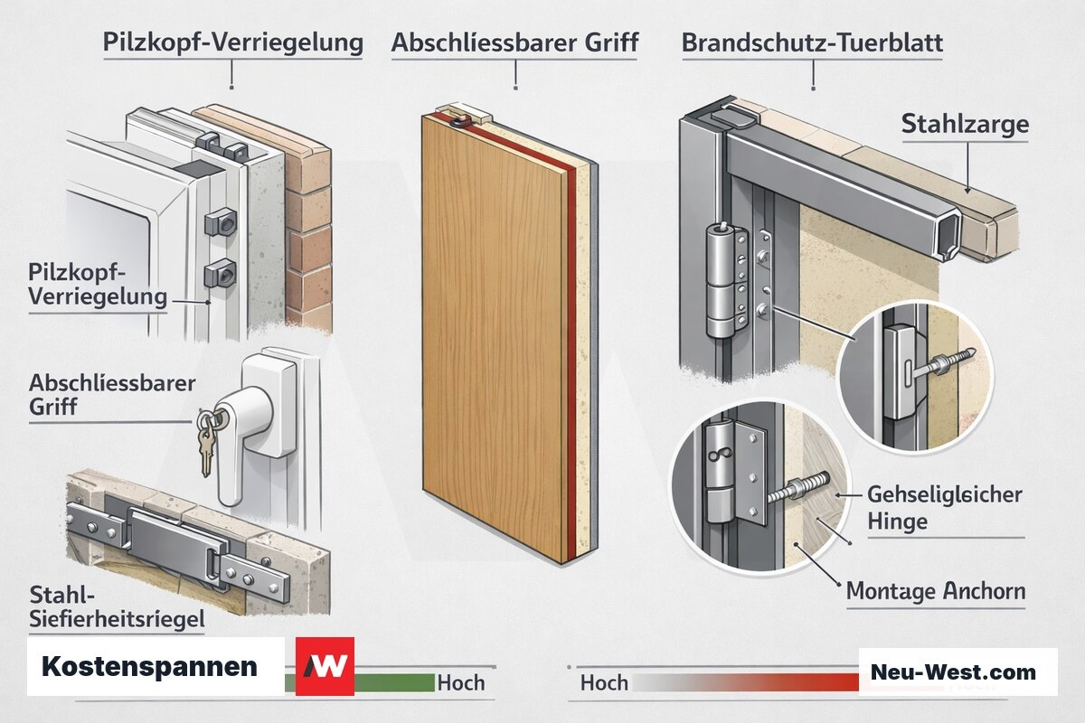 Vergleichs-Diagramm: nachgerüsteter Fenster-Einbruchschutz und geprüfte Brandschutztür mit Bauteilen und Kostenspannen-Skala.