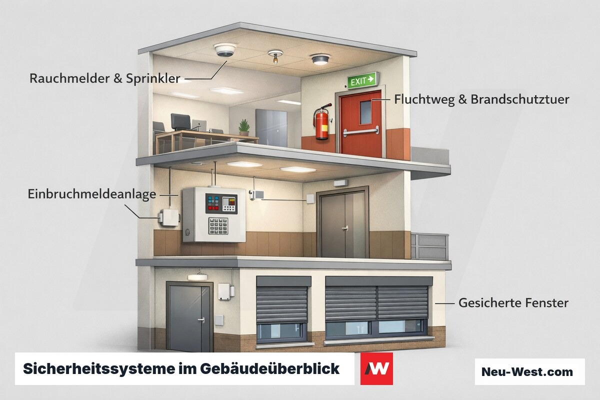 Gebäude-Schnitt mit Rauchmeldern, Sprinklern, Brandschutztür, Fluchtweg-Kennzeichnung, Einbruchmeldeanlage und gesicherten Fenstern im Überblick