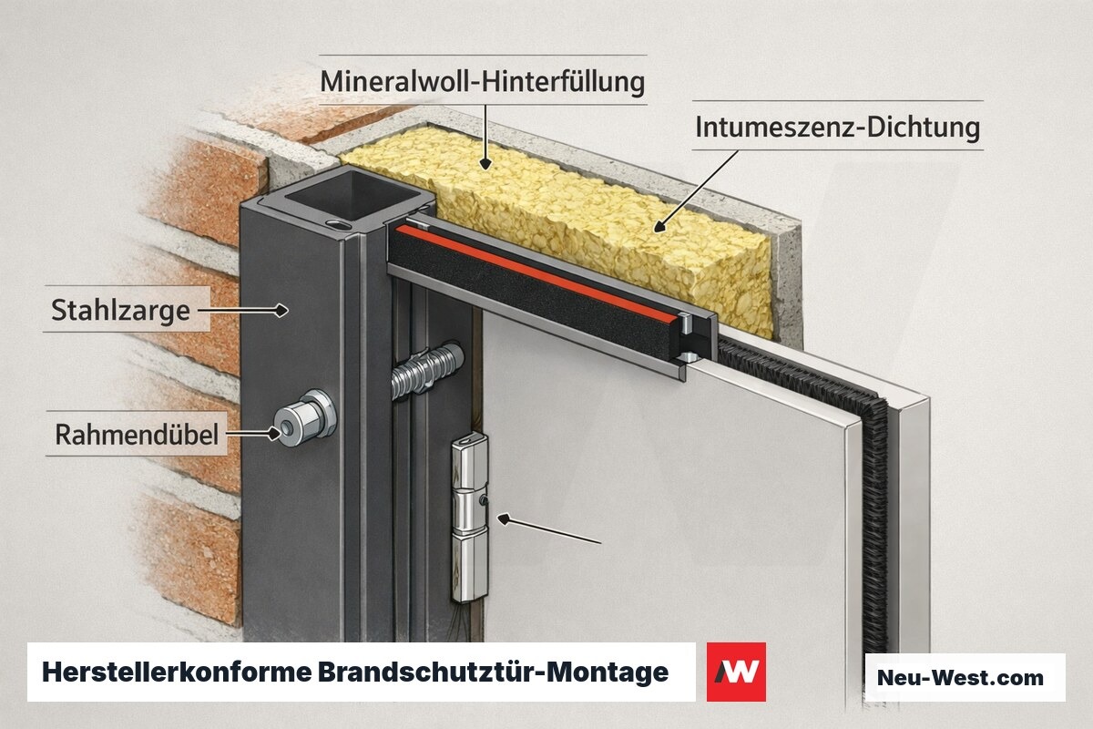 Querschnitt einer fachgerecht eingebauten Brandschutztür mit verankerter Stahlzarge, Mineralwoll-Hinterfüllung, Intumeszenz-Dichtung und Rahmendübeln.