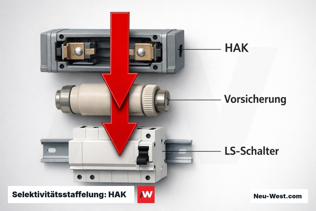 Selektivitätsstaffelung: HAK – Vorsicherung – LS-Schalter – Erklär-Grafik (NEUWEST Berlin)