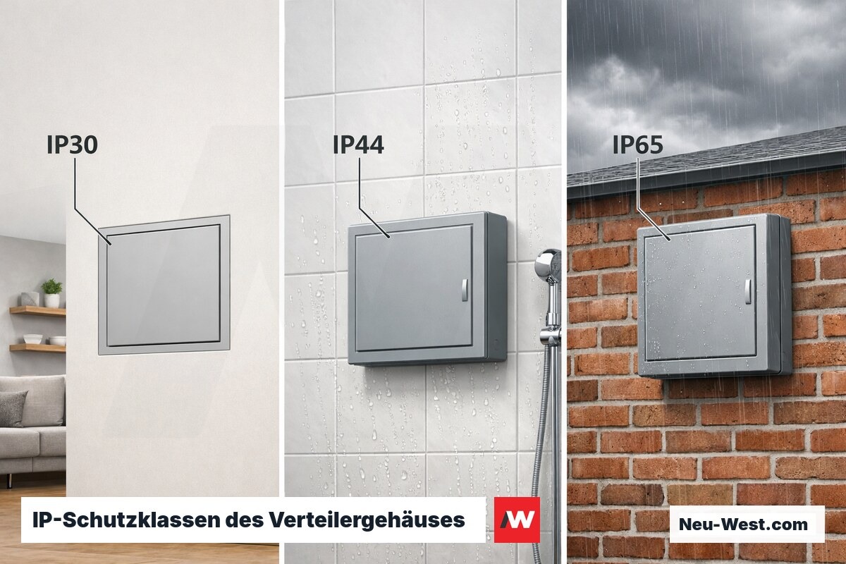 IP-Schutzklassen des Verteilergehäuses: IP30 / IP44 / IP65 — Einbauort-Matrix – Erklär-Grafik (NEUWEST Berlin)