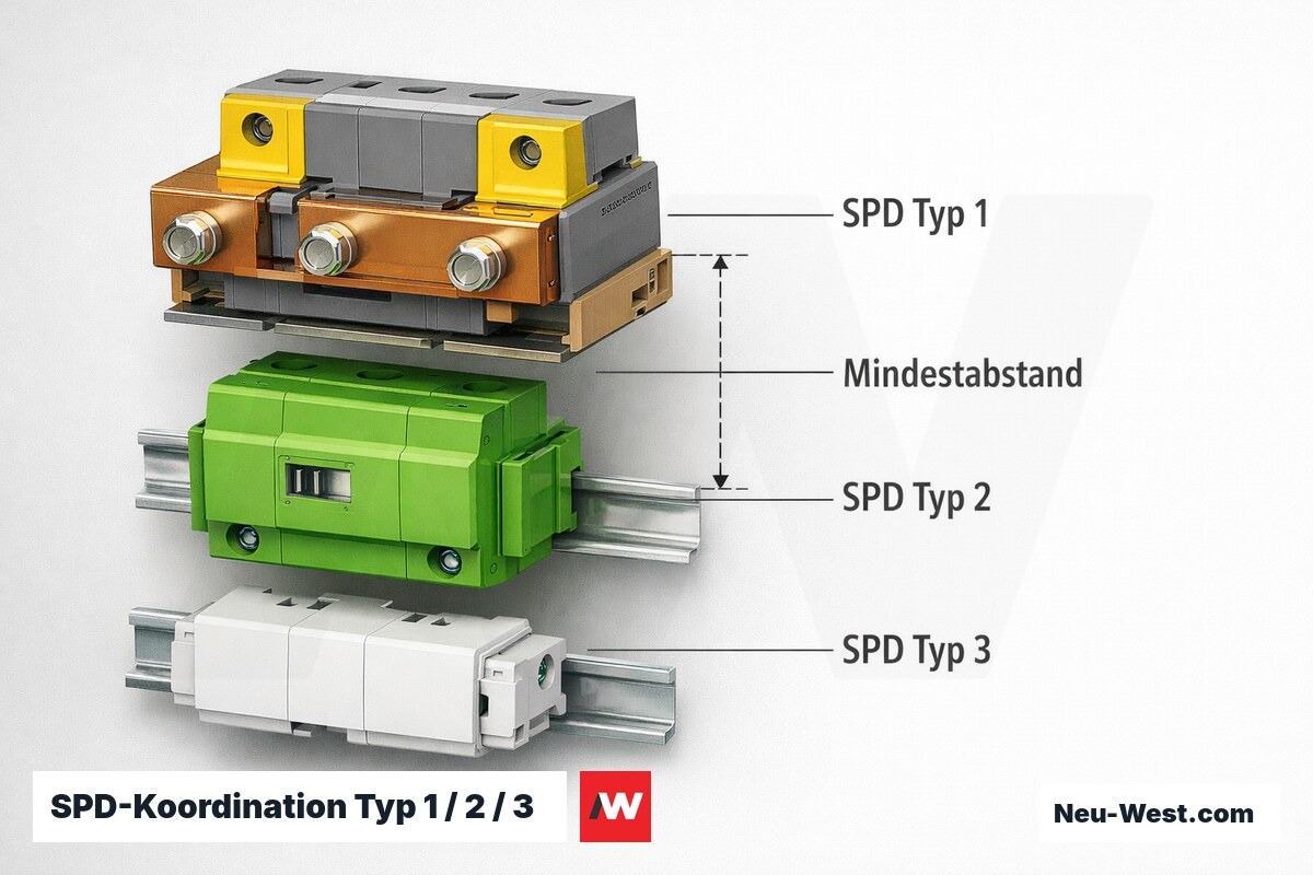 SPD-Koordination Typ 1 / 2 / 3: Schutzpegel Up, Energiestufen und Mindestabstand – Erklär-Grafik (NEUWEST Berlin)
