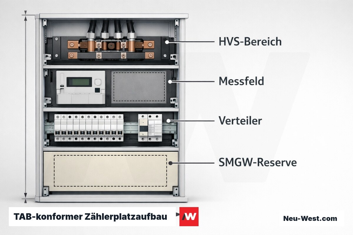 TAB-konformer Zählerplatzaufbau: Maßkette, Funktionszonen und SMGW-Reserveplatz nach MsbG – Erklär-Grafik (NEUWEST Berlin)