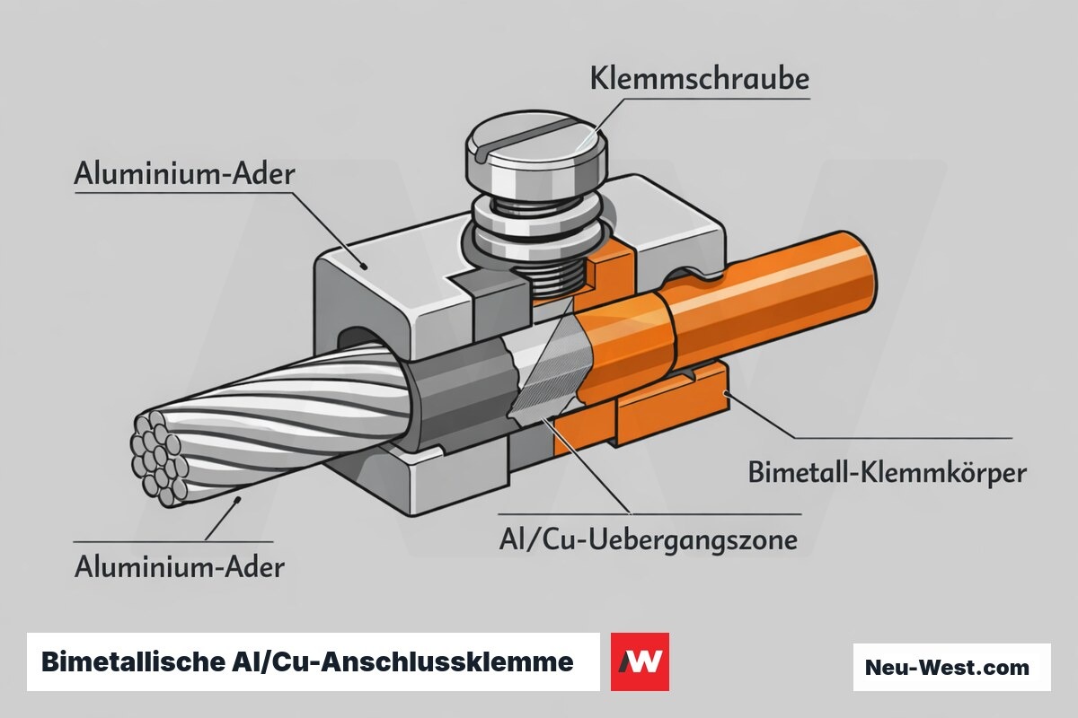 Schnittdarstellung einer bimetallischen Al/Cu-Anschlussklemme nach IEC 61238 mit Aluminium-Ader, Übergangszone und Klemmschraube.