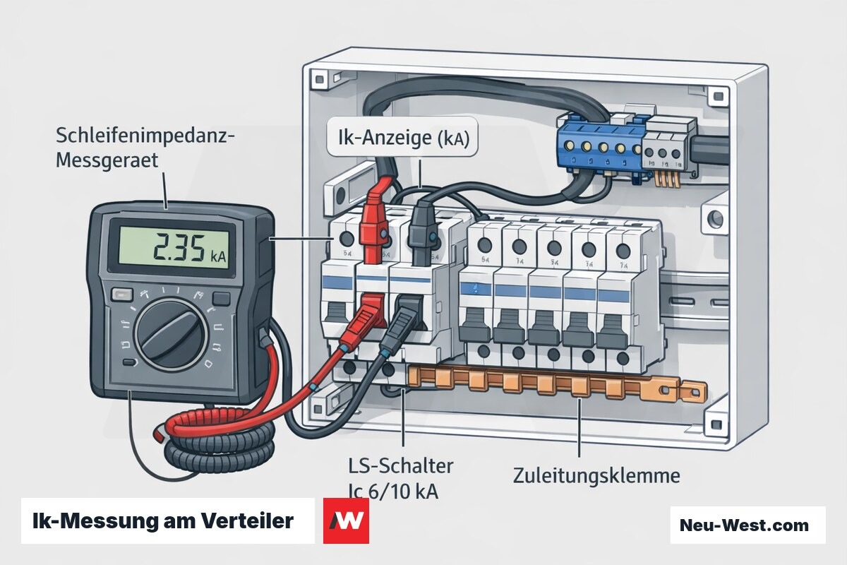 Erklär-Grafik: Loop-Impedanz-Messgerät misst Kurzschlussstrom Ik an einem LS-Schalter im Verteilerschrank, Anzeige in kA zur Bemessung 6 oder 10 kA.