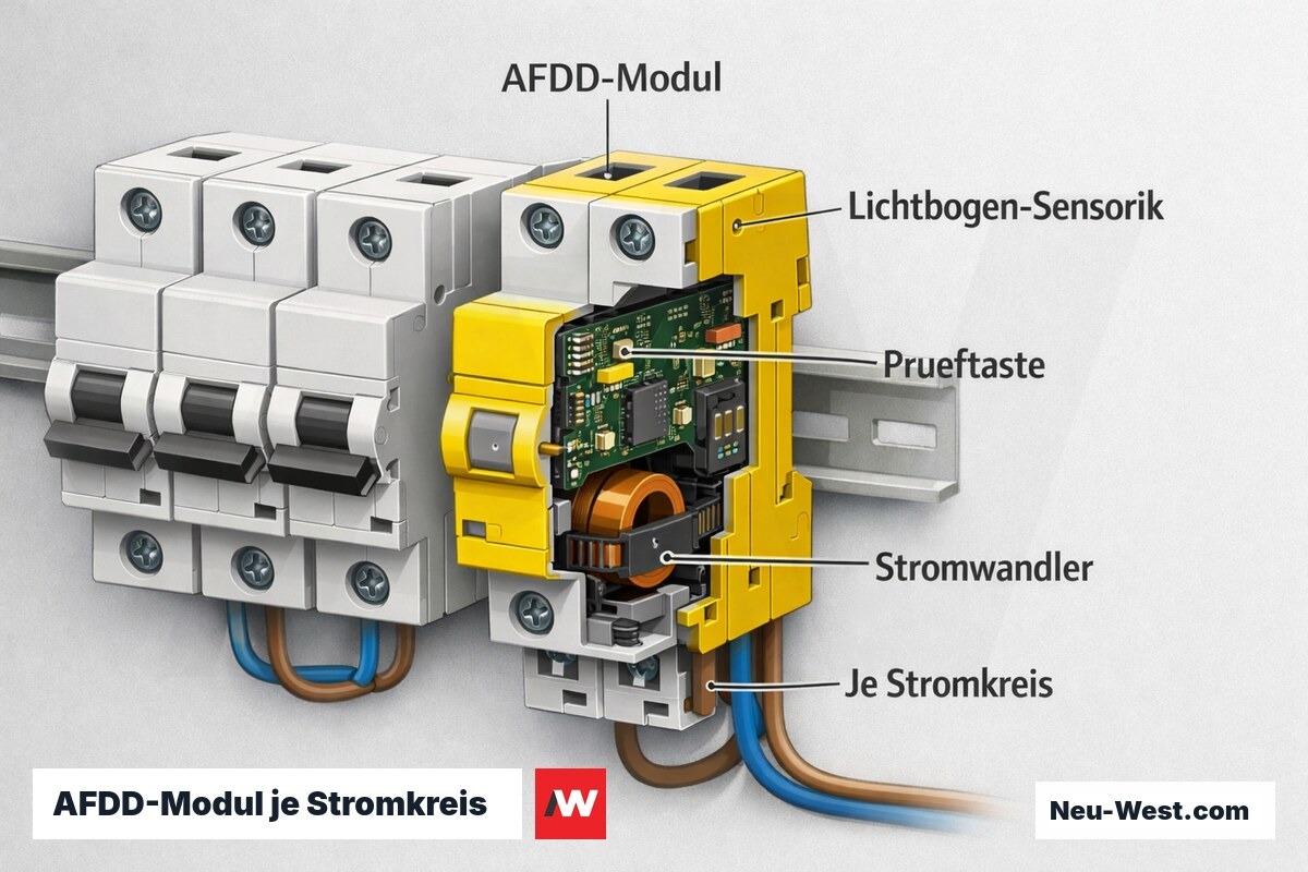 Technische Detailgrafik eines AFDD-Brandschutzschalters auf DIN-Hutschiene im Verteiler mit Lichtbogen-Sensorik, Prüftaste und separatem Stromkreis-Anschluss.