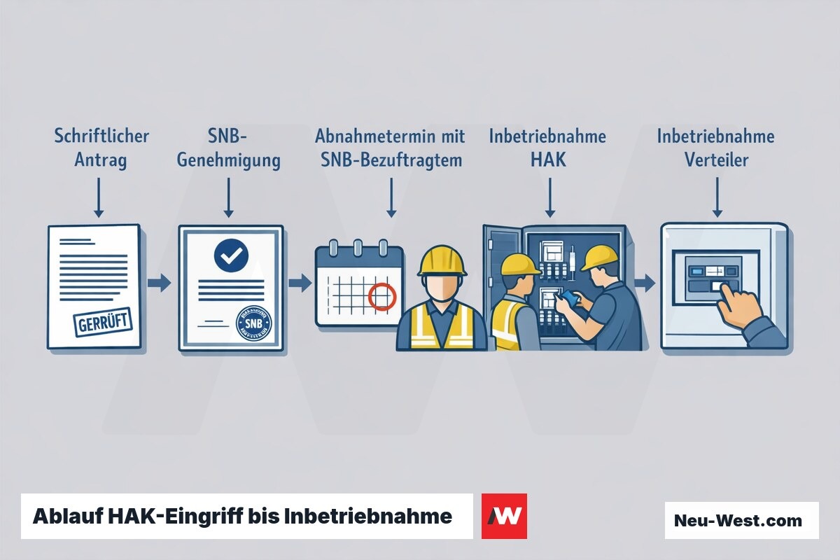 Prozess-Grafik: Antrag, schriftliche SNB-Genehmigung, Abnahmetermin mit Beauftragtem am HAK bis zur Inbetriebnahme des Verteilers.