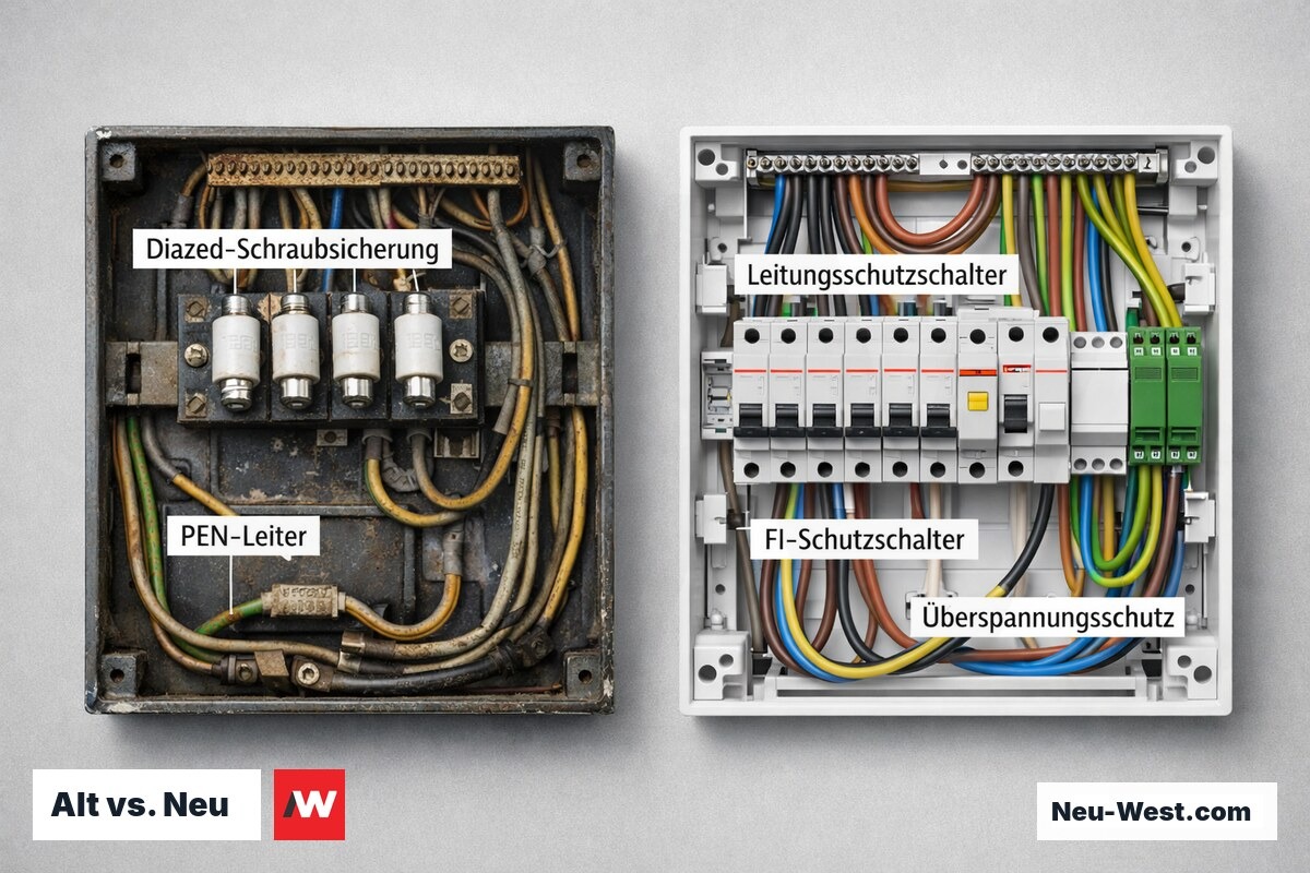 Cutaway-Vergleich alter Schraubsicherungskasten mit Diazed-Sicherungen links und moderner Unterverteilung mit LSS und FI-Schalter rechts