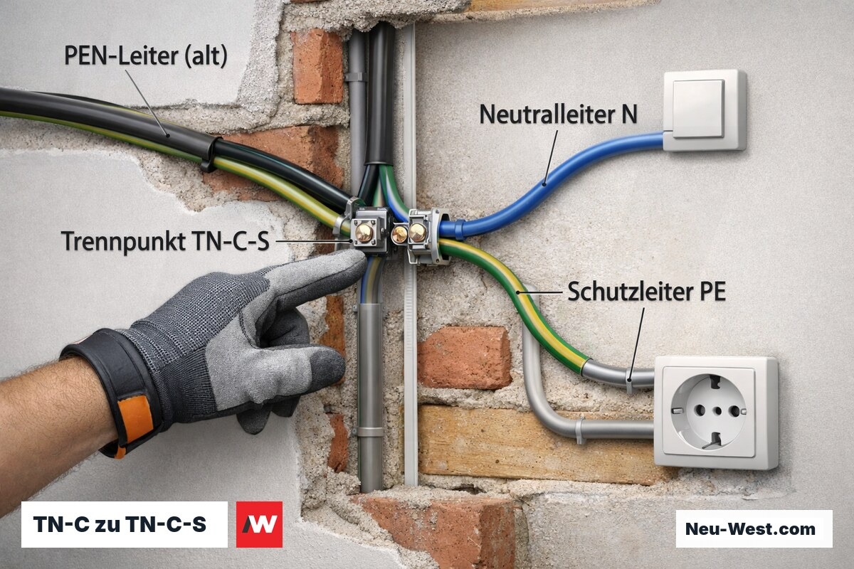 Wandquerschnitt zeigt Umrüstung von klassischer Nullung TN-C auf TN-C-S mit getrenntem Schutzleiter PE und Neutralleiter N