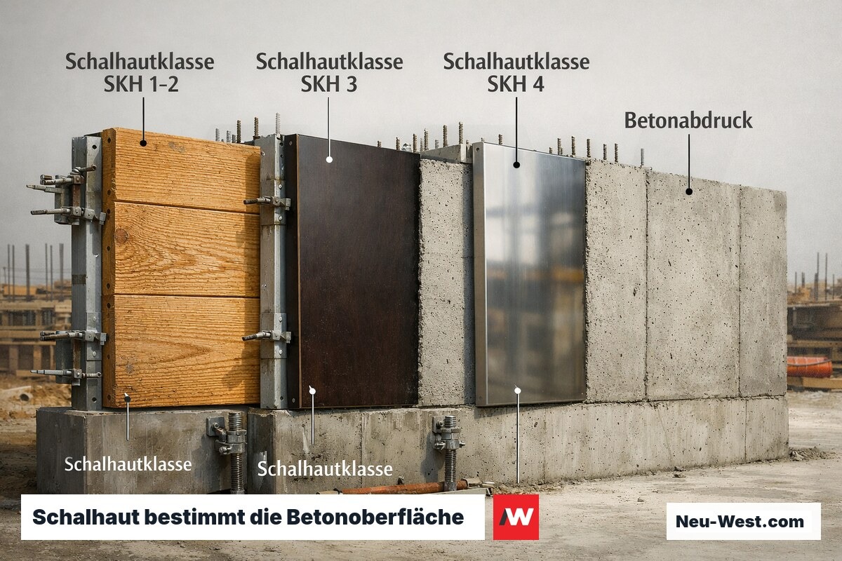 Drei Schalungsplatten im Vergleich: raue Holzbohle, beschichtetes Sperrholz und Stahlschalung mit resultierenden Betonoberflächen.