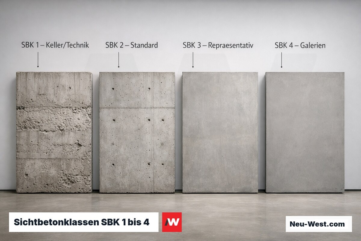 Vier Betonwandsegmente zeigen den Qualitätsverlauf von SBK 1 bis SBK 4 mit sichtbaren Oberflächenunterschieden.