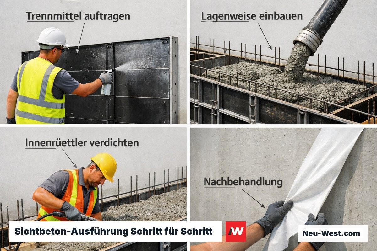 Vier Ausführungsschritte bei Sichtbeton: Trennmittel, Betoneinbau, Verdichtung und Nachbehandlung auf der Baustelle.