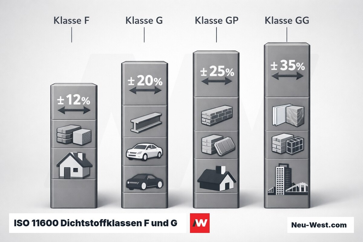 ISO 11600 Dichtstoffklassen F und G im Vergleich – Erklär-Grafik (NEUWEST Berlin)