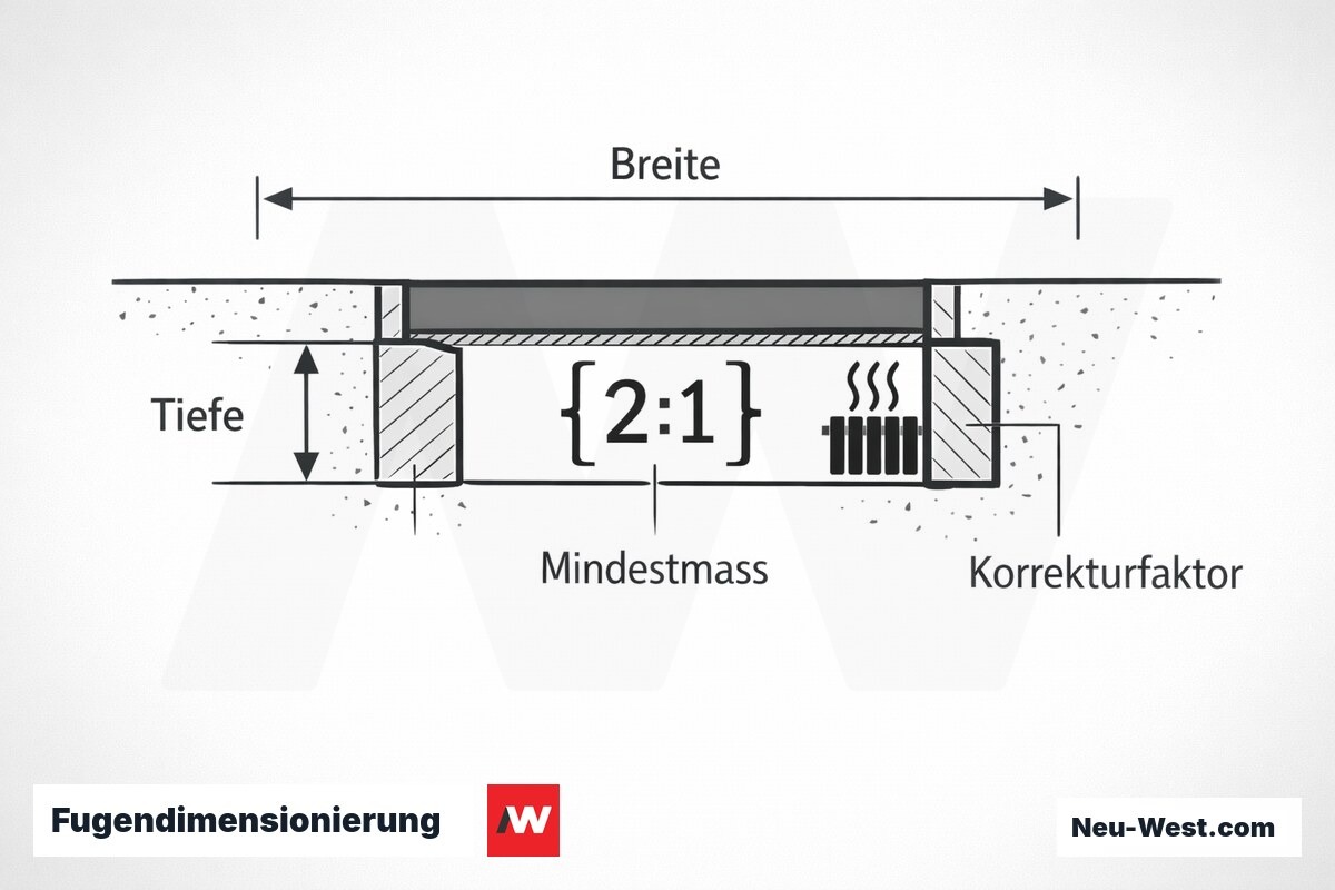 Fugendimensionierung: die 2:1-Regel nach Fugenbreitenklasse – Erklär-Grafik (NEUWEST Berlin)