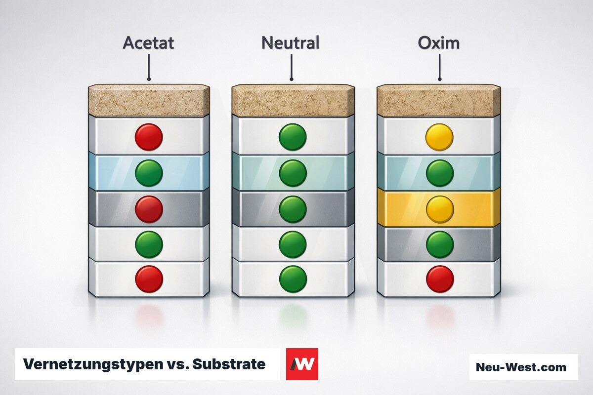 Vernetzungstypen vs. Substrate: Verträglichkeitsmatrix – Erklär-Grafik (NEUWEST Berlin)