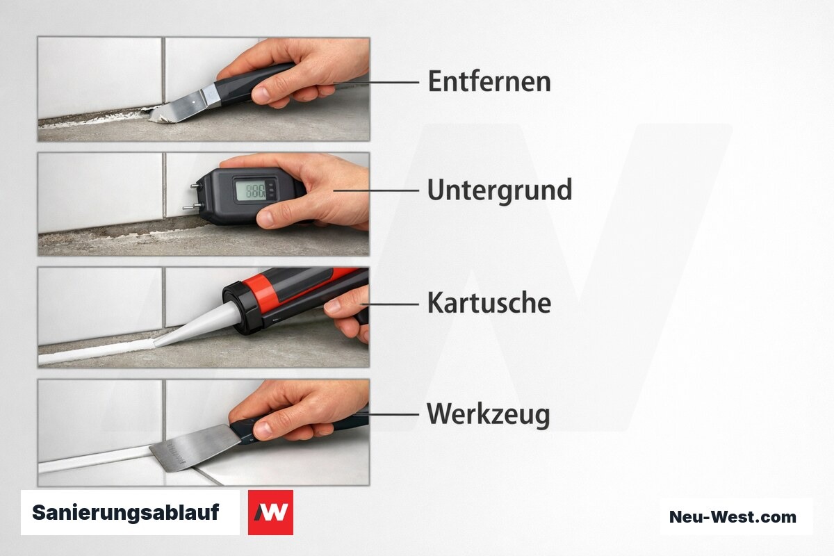 Sanierungsablauf: Silikonfuge Schritt für Schritt – Erklär-Grafik (NEUWEST Berlin)
