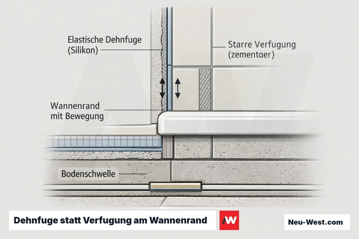 Querschnitt eines Wannenrand-Anschlusses: elastische Silikon-Dehnfuge am Bauteilübergang gegenüber starrer zementärer Verfugung zwischen Fliesen.