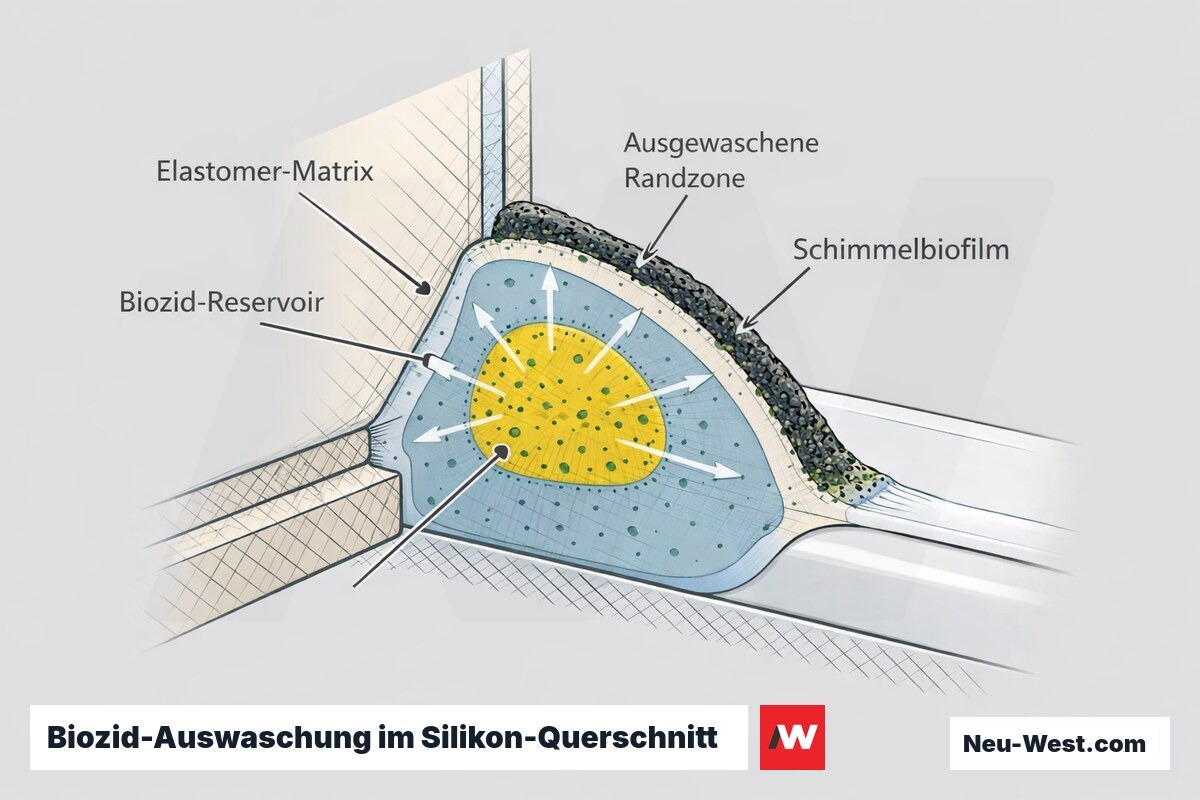 Querschnitt einer Sanitaerfuge: Biozide wandern aus dem Silikon-Kern zur Oberflaeche, verarmte Randzone und Schimmelbiofilm auf der Fugenoberflaeche.
