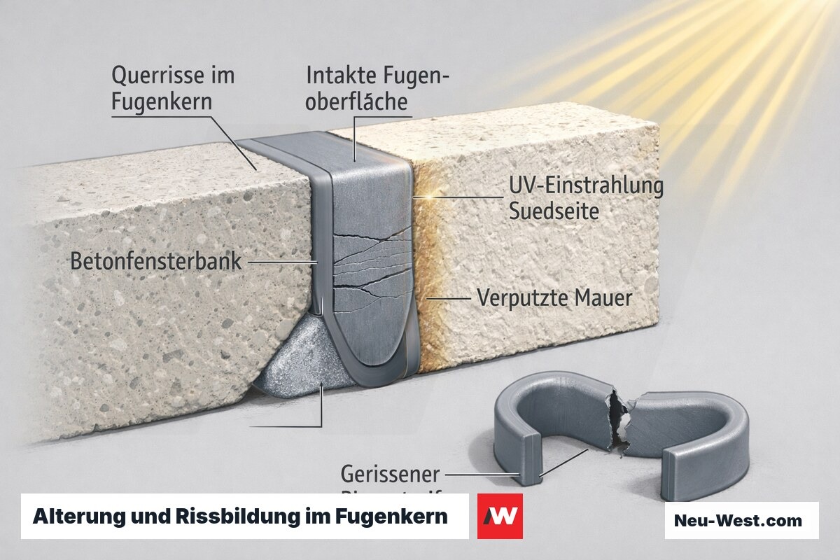 Querschnitt einer gealterten Silikonfuge mit Querrissen im Fugenkern, UV-Einstrahlung von außen und gerissenem gebogenem Fugenstreifen.