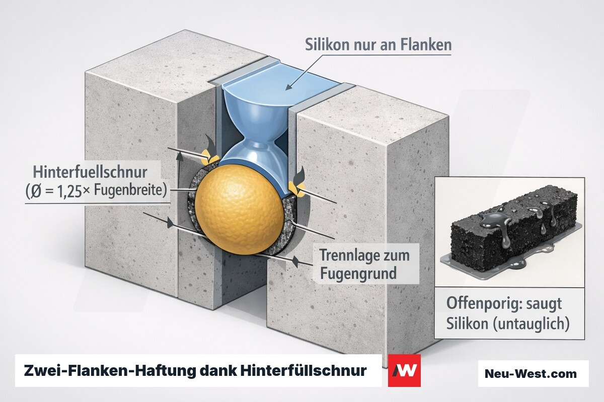 Fugenquerschnitt: geschlossenzellige Hinterfüllschnur trennt Silikon vom Fugengrund, Zwei-Flanken-Haftung, Seitendruck; offenporiges Material als Negativbeispiel.
