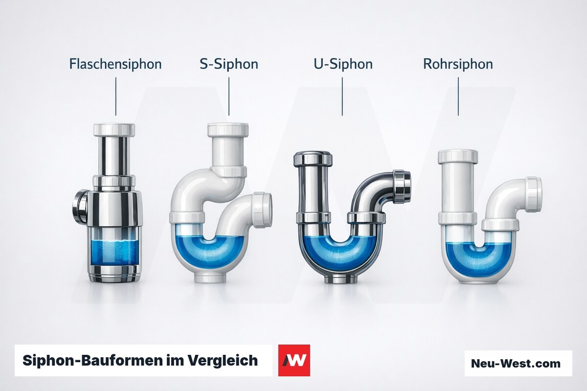 Siphon-Bauformen im Vergleich: Sperrwasservolumen und Einbauhöhe – Erklär-Grafik (NEUWEST Berlin)