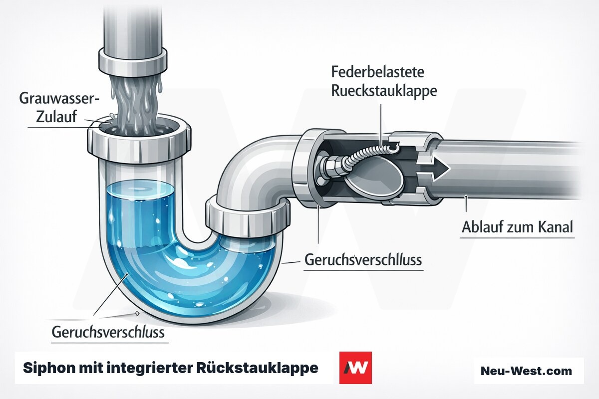 Querschnitt eines Siphons mit Geruchsverschluss und federbelasteter Rückstauklappe, die bei Rückstaudruck automatisch schließt – nur für Grauwasser.