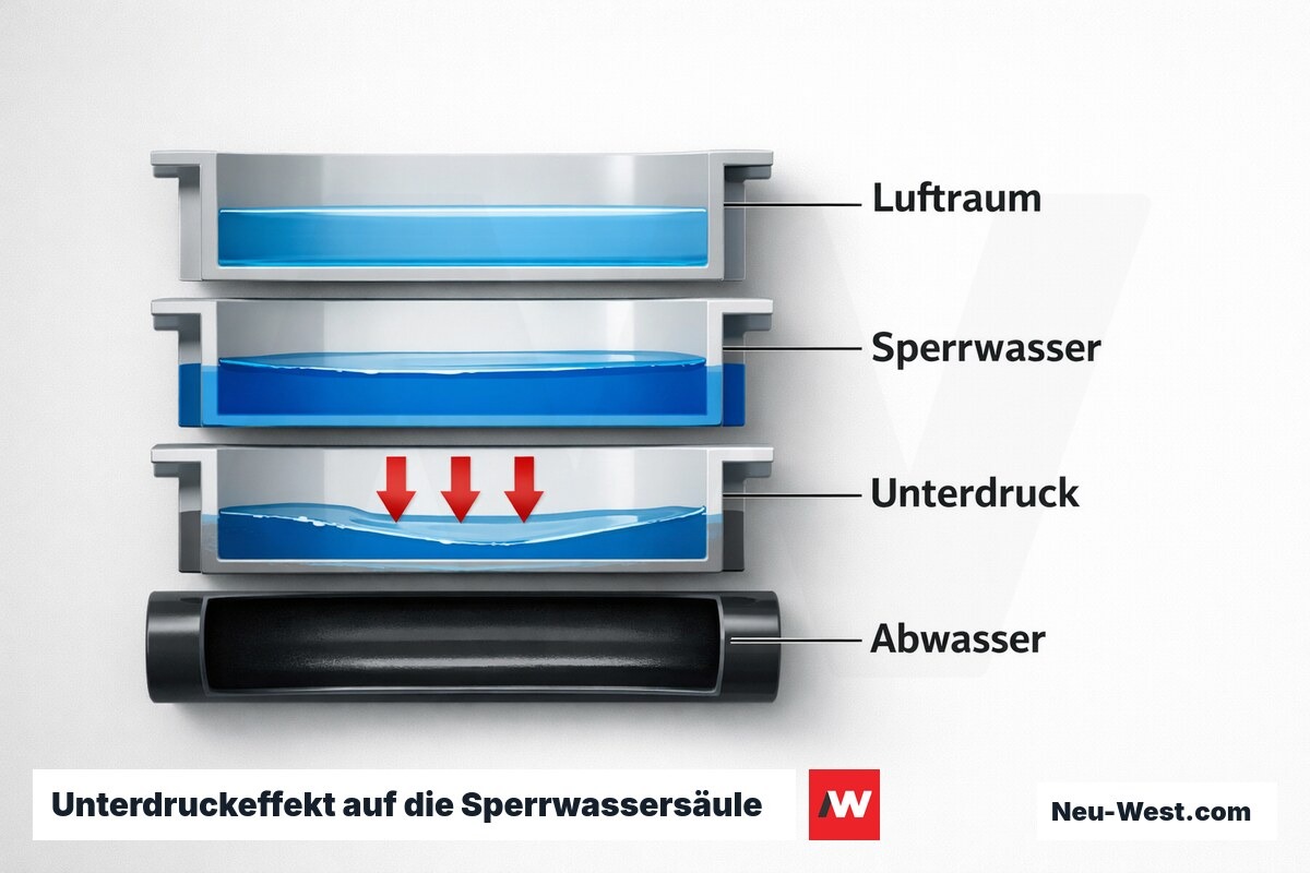 Unterdruckeffekt auf die Sperrwassersäule: Geruchsdurchbruch ab −250 Pa – Erklär-Grafik (NEUWEST Berlin)