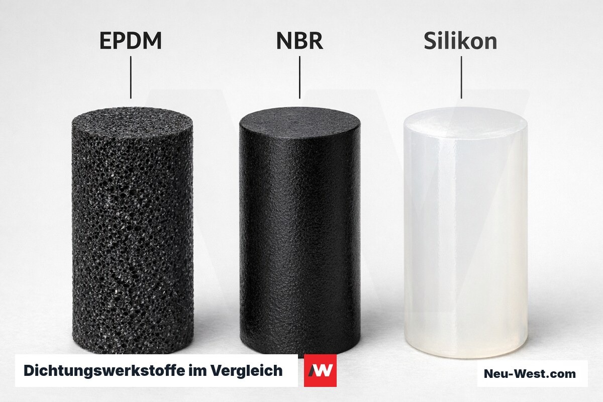 Dichtungswerkstoffe im Vergleich: EPDM, NBR und Silikon – Erklär-Grafik (NEUWEST Berlin)