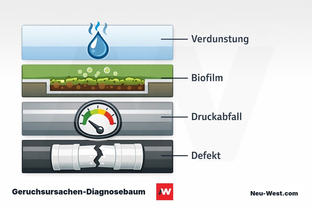 Geruchsursachen-Diagnosebaum: Vier Ursachenpfade vor Ort prüfen – Erklär-Grafik (NEUWEST Berlin)