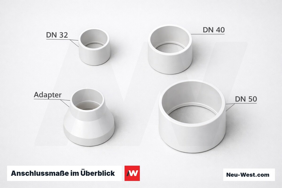 Anschlussmaße im Überblick: DN 32 / 40 / 50 und Altbau-Adapter – Erklär-Grafik (NEUWEST Berlin)