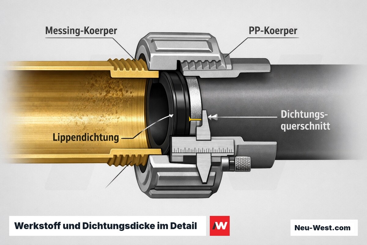 Querschnitt eines Siphon-Anschlusses: Messing- und PP-Wand mit Lippendichtung und markiertem Dichtungsquerschnitt unter der Überwurfmutter.
