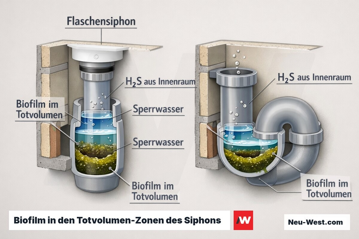 Querschnitt zweier Siphons zeigt Biofilm-Belag in Totvolumen-Zonen unter dem Sperrwasser als Quelle von H₂S-Geruch im Siphon-Innenraum.