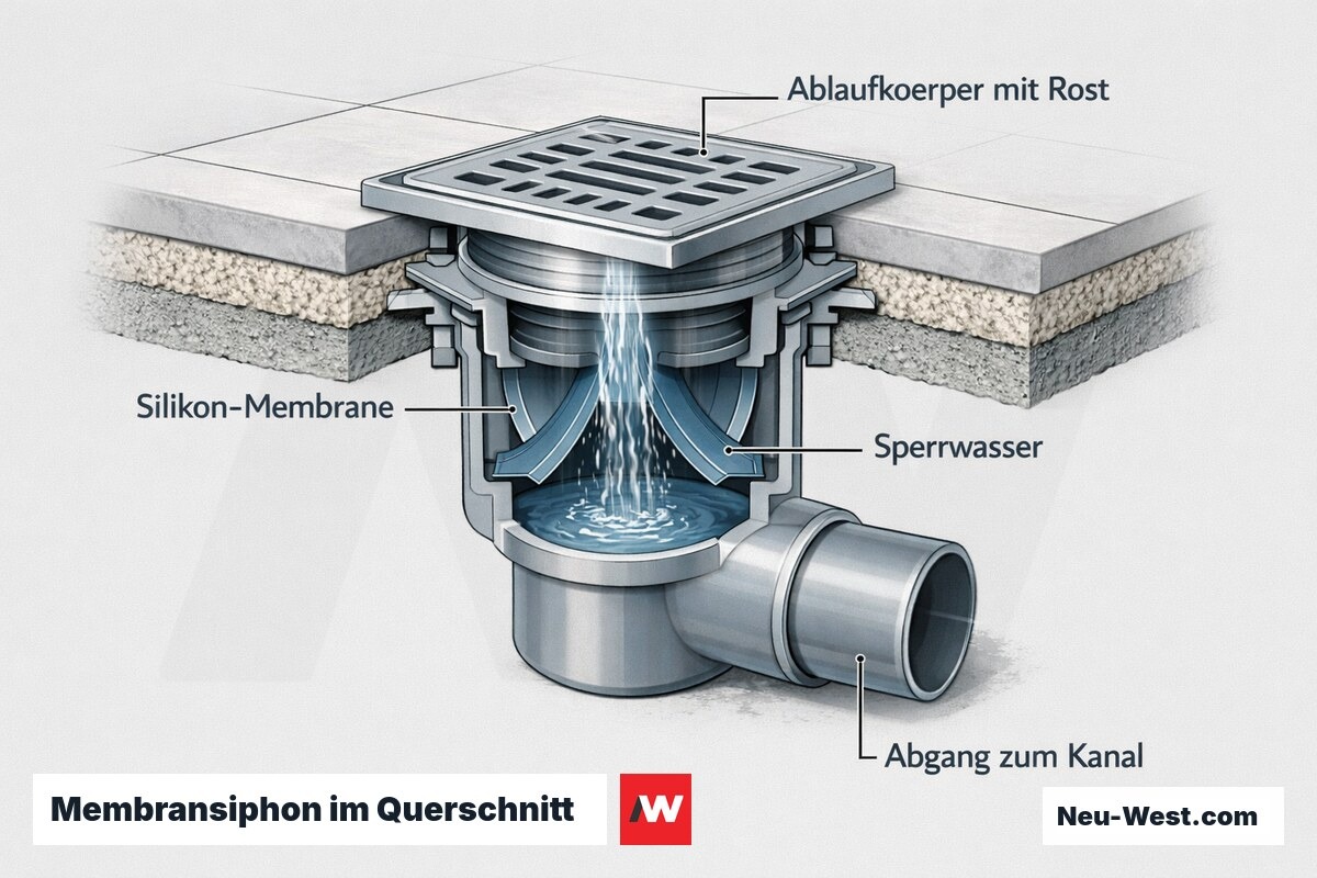 Querschnitt eines Bodenablaufs mit Membransiphon: Silikon-Membrane öffnet bei einlaufendem Wasser, Sperrwasser und Kanalabgang beschriftet.