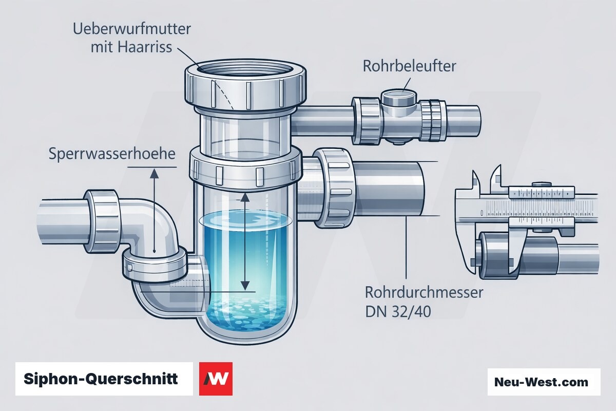 Querschnitt eines Küchensiphons mit Sperrwasserhöhe, Haarriss an Überwurfmutter, DN-32/40-Rohrvergleich und Rohrbelüfter als Tausch-Kriterien.
