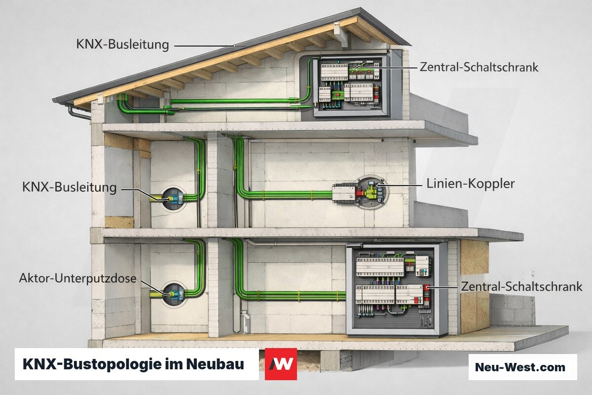Querschnitt eines Neubaus mit eingezeichneter KNX-Busverkabelung, Schaltschrank und verteilten Aktoren in Wänden und Decken
