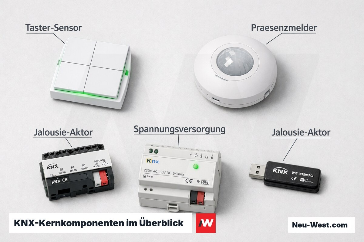 Nahaufnahme verschiedener KNX-zertifizierter Komponenten: Taster, Präsenzmelder, Aktor und Netzteil nebeneinander auf weißem Untergrund