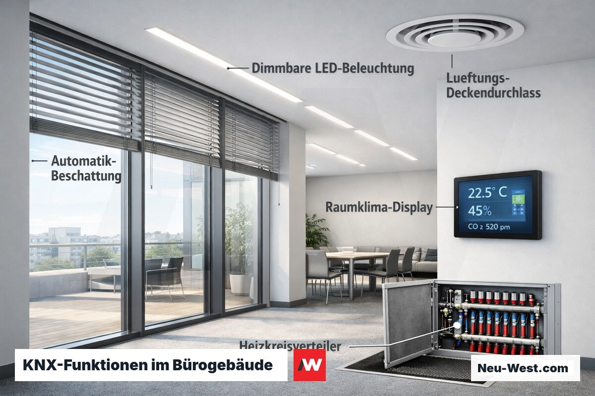 Modernes Bürogebäude-Interieur mit aktiven KNX-gesteuerten Funktionen: Beschattung, Beleuchtung, Klimaregelung und Touch-Display