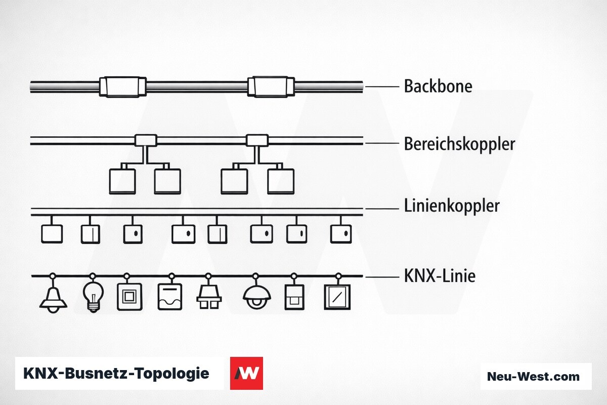 KNX-Busnetz-Topologie: Hierarchie und Laengengrenzen – Erklär-Grafik (NEUWEST Berlin)