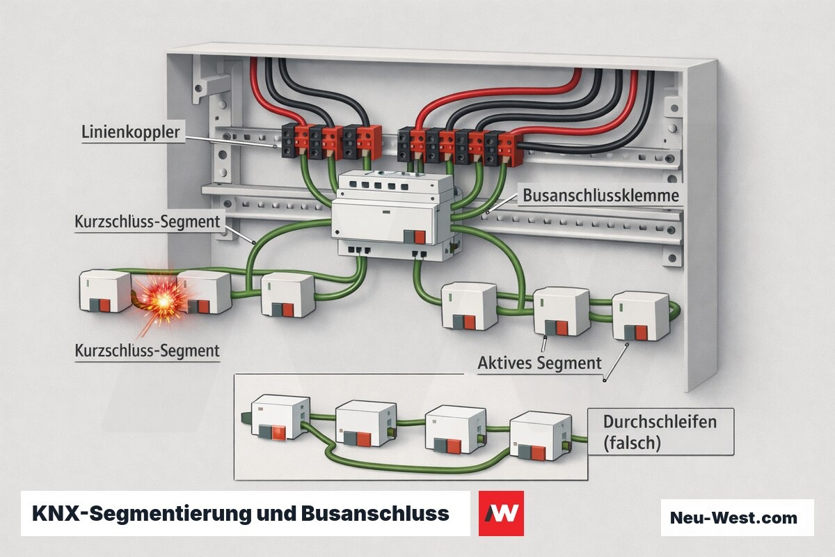 Cutaway-Schema einer KNX-Installation: Linienkoppler trennt Segmente, Busanschlussklemmen in der Unterverteilung gegenueber fehlerhaftem Durchschleifen der Busleitung.