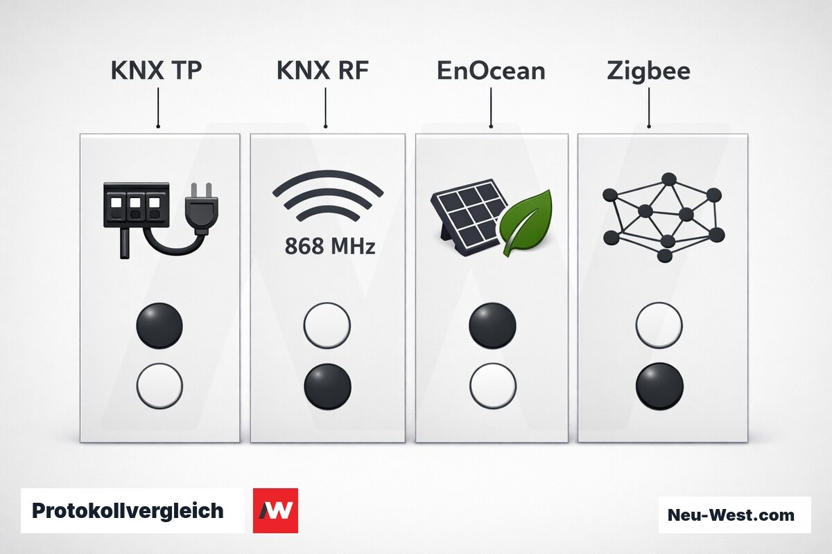 Protokollvergleich: KNX TP, KNX RF, EnOcean und Zigbee – Erklär-Grafik (NEUWEST Berlin)