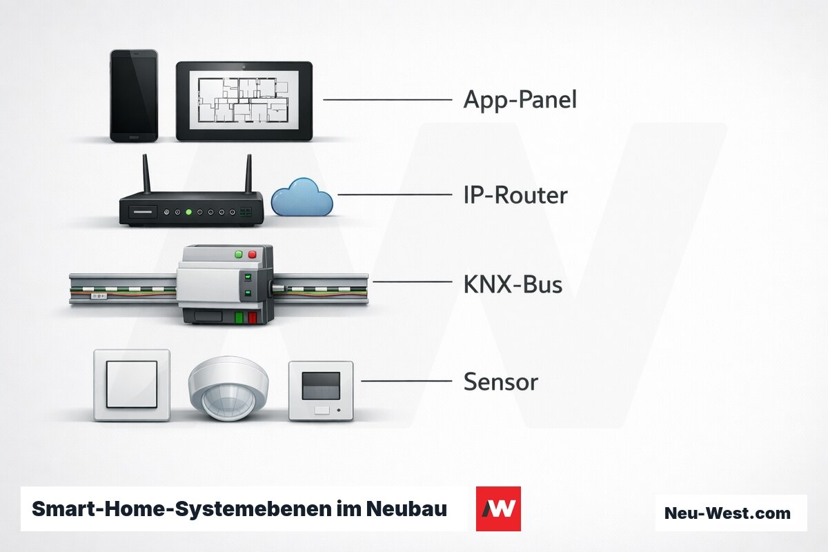 Smart-Home-Systemebenen im Neubau: Sensor bis App – Erklär-Grafik (NEUWEST Berlin)