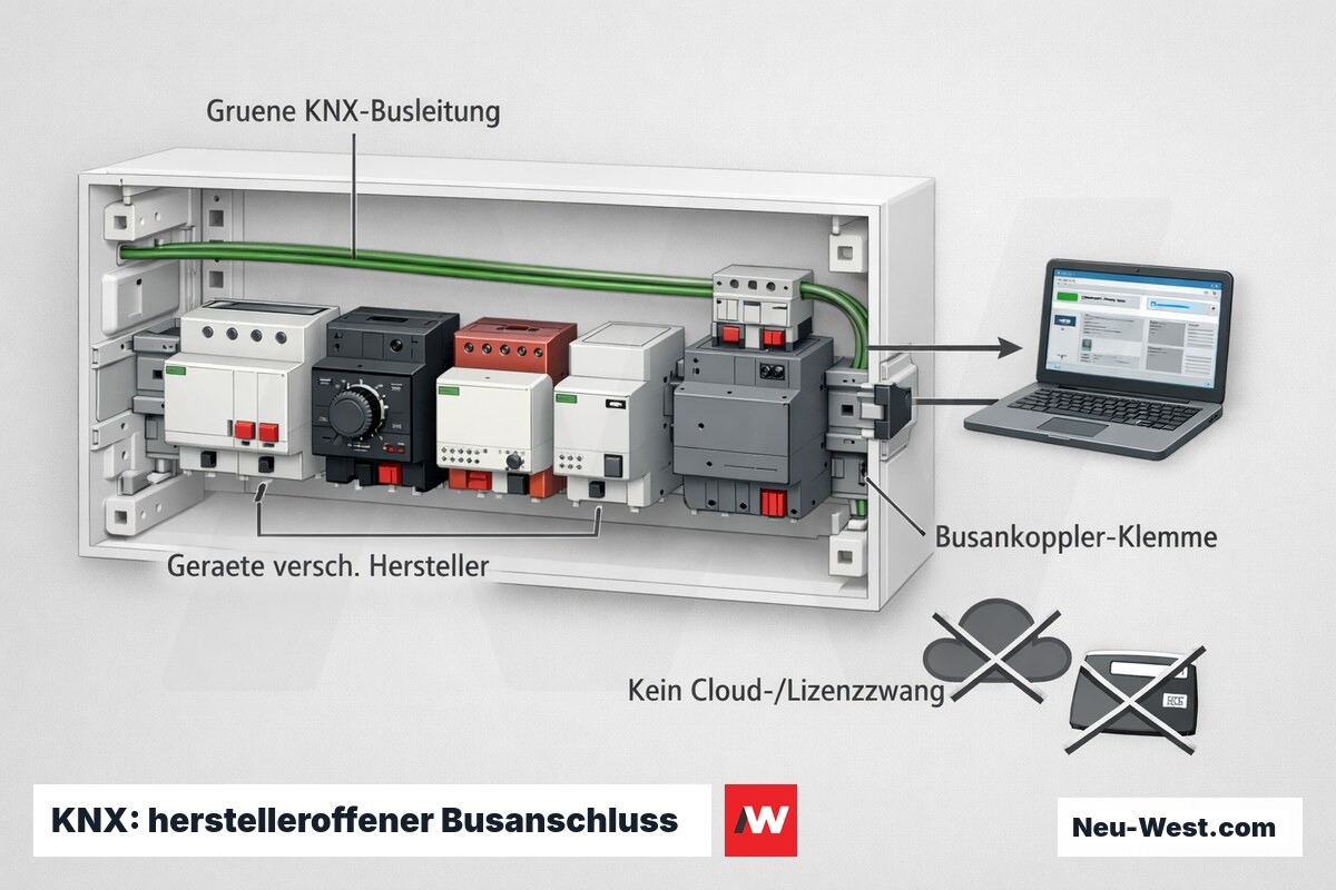Cutaway eines Verteilerschranks mit KNX-Geräten mehrerer Hersteller an einer grünen Busleitung, ohne Cloud- oder Lizenzbindung.