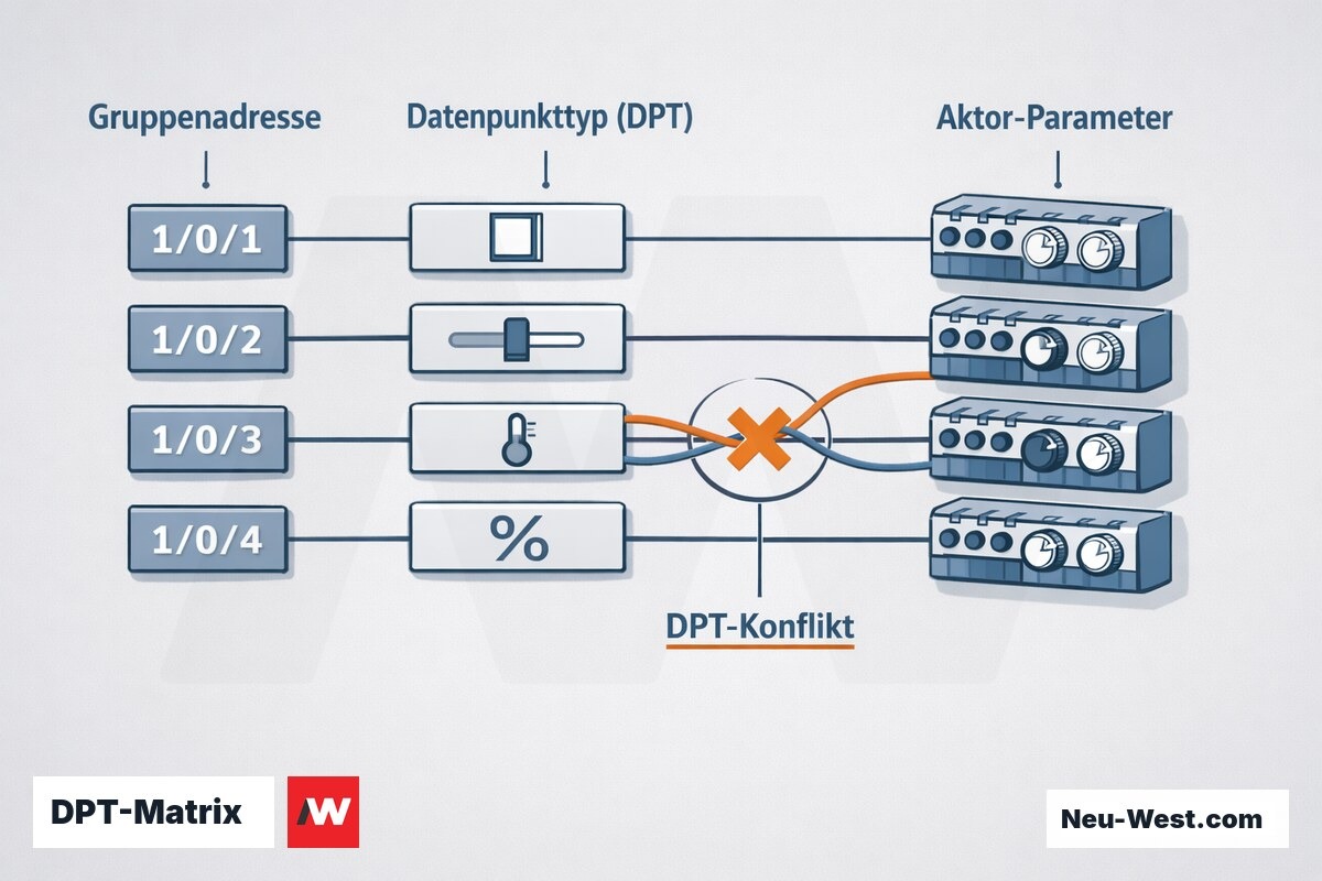 Schematische DPT-Matrix der ETS6-Gruppenadressplanung: Gruppenadressen mit Datenpunkttypen zu Aktor-Parametern verdrahtet, ein DPT-Konflikt hervorgehoben.